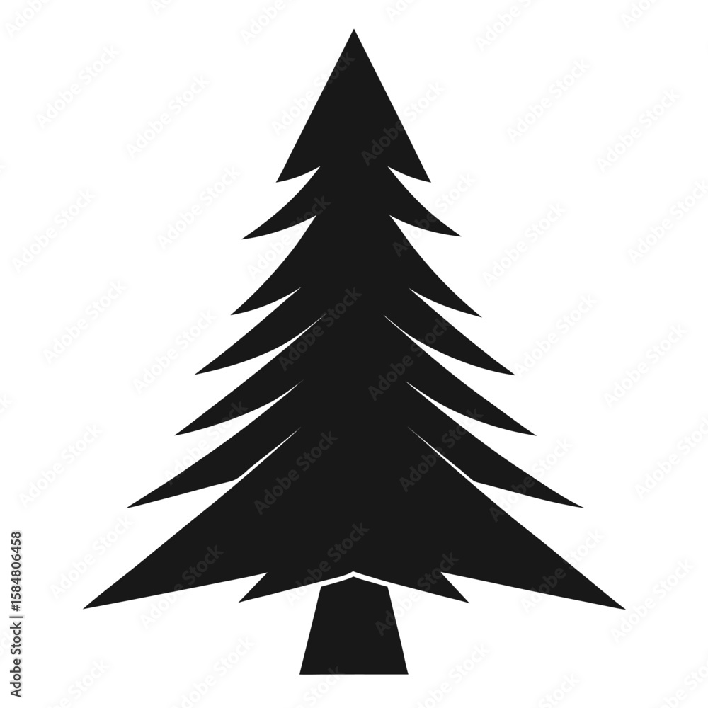 Poster a stark black silhouette of a coniferous evergreen tree with layered branches and a pointed top pres
