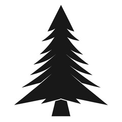 A stark black silhouette of a coniferous evergreen tree with layered branches and a pointed top presented against a clean white background