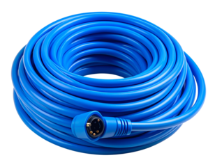 Coiled Blue Plastic Electrical Cord with Plug End, Isolated on White Background