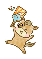 羽子板で遊ぶ可愛い馬の年賀用手描きイラスト