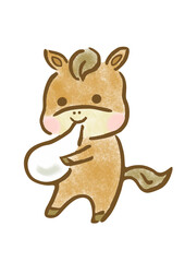 お餅を食べる可愛い馬の年賀用手描きイラスト