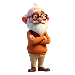 3d Cartoon old man with beard and glasses standing smiling isolated on transparent background