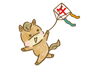 凧揚げをする可愛い馬の年賀用イラスト