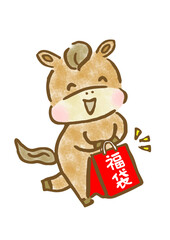 笑顔で福袋を持つ可愛い馬の年賀用手描きイラスト