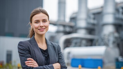 Confident businesswoman standing proudly in front of modern industrial facility, representing growth and innovation.