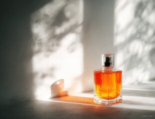 Amber perfume bottle in sunlit room