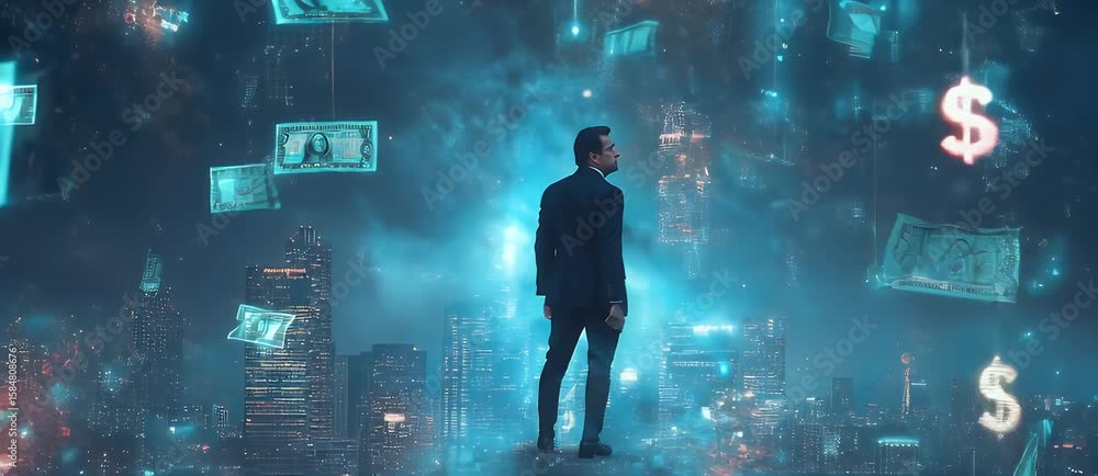Aufkleber pixelated figure observes floating currency symbols above a city at night illuminated by artificial 