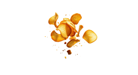 A pile of golden potato chips isolated on transparent background