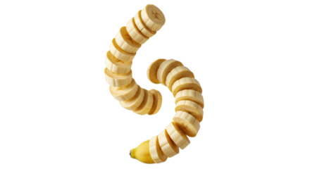 A spiral arrangement of banana slices isolated on transparent background