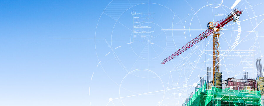 Construction technology banner background. Construction site with cranes, fittings and concrete. - Powered by Adobe