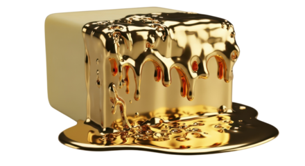 A golden liquid is dripping down a cube isolated on transparent background