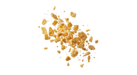 Scattered cracker crumbs isolated on transparent background in studio shot
