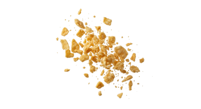 Scattered cracker crumbs isolated on transparent background in studio shot