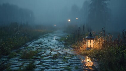 Rainy, misty path lit by lantern