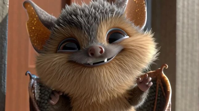 3d cartoon bat holding a tiny jack-o'-lantern in its claws