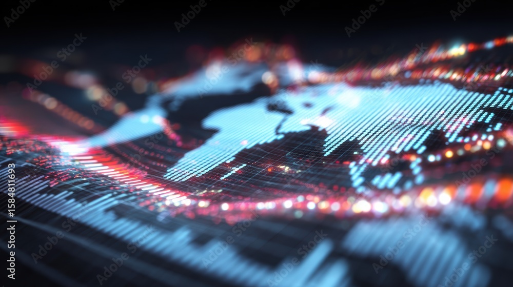 Poster digital world map with vibrant data visualization effects illustrating global connectivity and infor