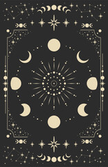 Magical background for astrology, tarot. Black postcard with a frame in a bohemian design, moon phases stars, copy space. Magic vector illustration