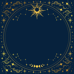 Vector gold frame with sun, stars, crescents and a copy space. Banner with an elegant border and a place for text