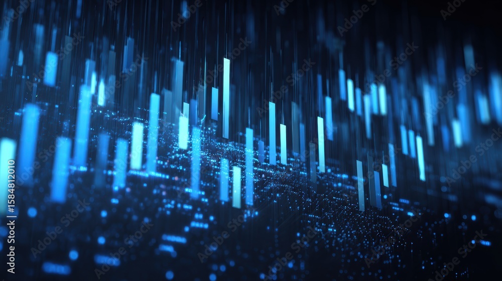 Poster dynamic blue data visualization with vertical lines representing digital information flow in a moder