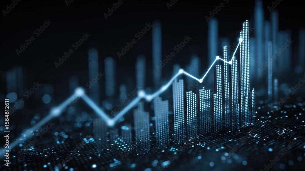 Poster dynamic data visualization with graphs showing upward trends in a digital landscape.