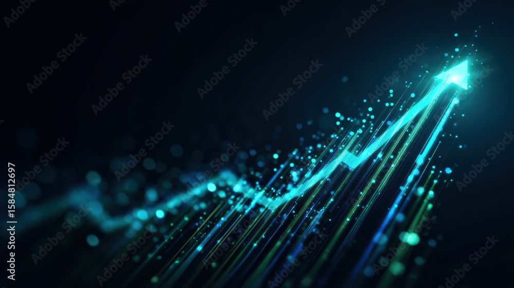 Poster dynamic data visualization with vibrant lines representing growth and progress in a digital space.