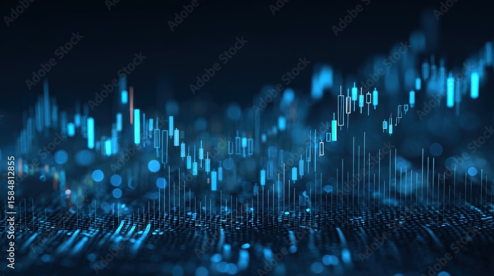 Poster dynamic financial data visualization with a blue glowing digital graph showcasing trends in real-tim