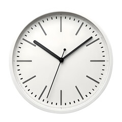 Modern white analog clock with black hands and markers isolated on transparent background