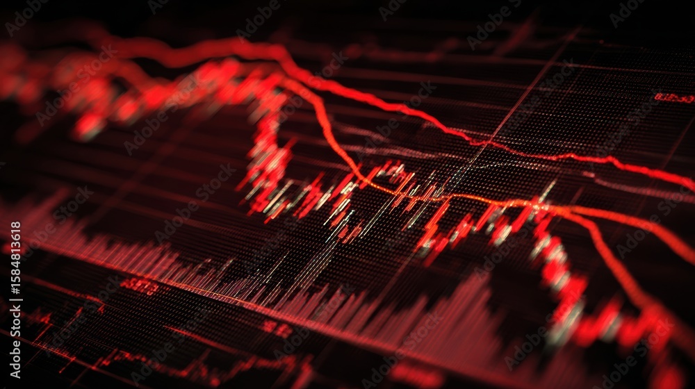 Poster dynamic red line graph illustrating market decline and financial trends in real-time analysis.