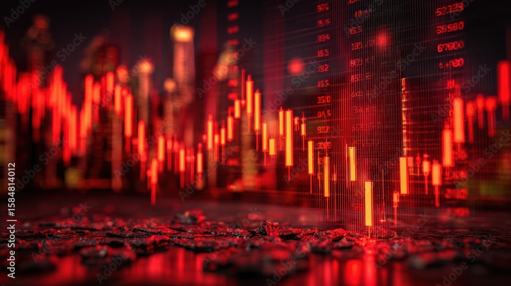 Poster dynamic stock market data visualization with red candlestick charts reflecting market volatility and