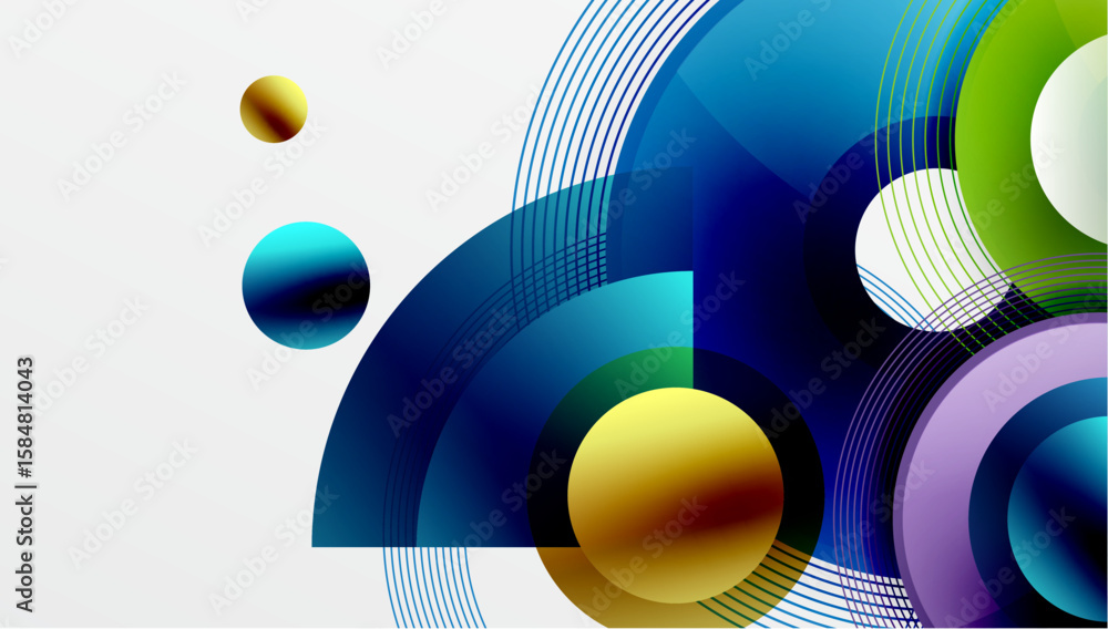 Poster abstract composition featuring colorful circles, arcs, lines. modern design with gradient shades, dy