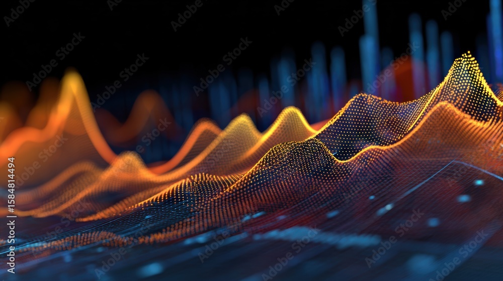 Poster dynamic waveform with vibrant colors illustrating data analysis and technology trends in a modern di