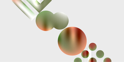 Abstract composition featuring spheres, cylinders, gradients. Minimalist design with muted green, red tones against dark background. Modern aesthetic.