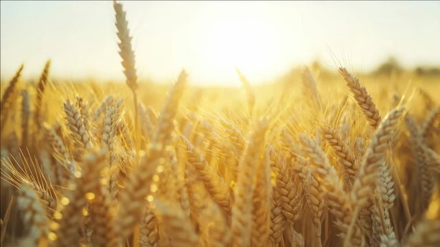 Vibrant, sunlit grain field, focus on warm hues of wheat at dawn.