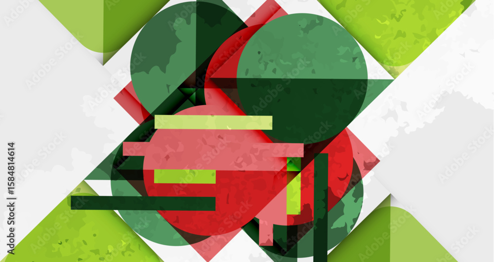 Poster abstract composition. overlapping shapes, green, red, white. textured background creates dynamic vis