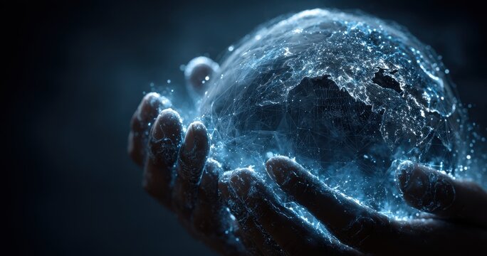 Blue hands holding glowing connected earth on dark background - Powered by Adobe