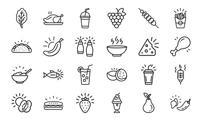 Minimal Line Style Food Icon Set Featuring Fruits, Vegetables, Drinks, Snacks, Meat, Grains, and Condiments on a White Background for Restaurant and Nutrition-Themed Designs