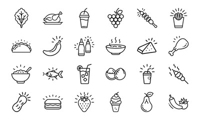 Naklejka premium Minimal Line Style Food Icon Set Featuring Fruits, Vegetables, Drinks, Snacks, Meat, Grains, and Condiments on a White Background for Restaurant and Nutrition-Themed Designs