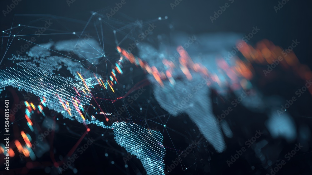 Poster futuristic digital world map with glowing connections representing technology and data flow.
