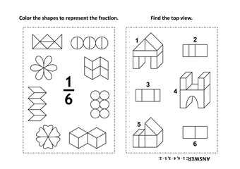 Two visual math puzzles and coloring pages. Color the shapes to represent the fraction. Find the top view. Black and white.