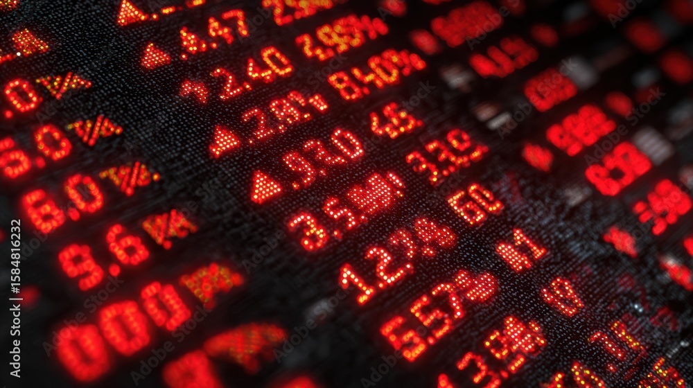 Poster high-resolution stock image of stock market data displaying rising and falling trends in vivid red.