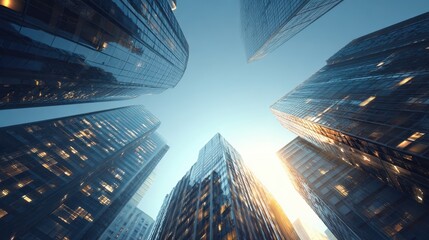 Looking up at towering skyscrapers illuminated by golden sunset, showcasing modern architecture against a clear sky.