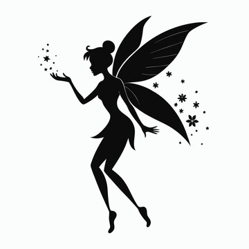 Enchanting silhouette of a fairy with delicate wings releasing a trail of sparkling stars and magical dust
