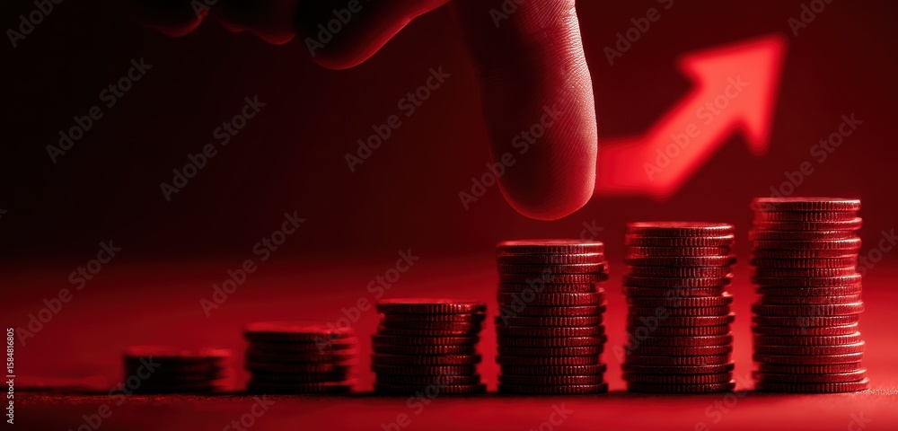 Poster hand pointing at increasing coin stacks with upward arrow on red background