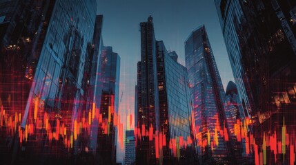 Obraz premium Modern skyscrapers with dynamic stock market data overlays, showcasing the fusion of finance and urban architecture.