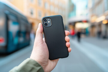 Hand holding black phone outdoors case