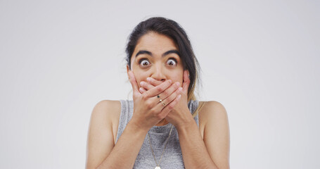 Scared, portrait and woman with shock in studio for surprise revelation, bad news and overwhelmed....