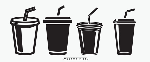 Two Black and White Soda Cups with Straws Vector Illustration