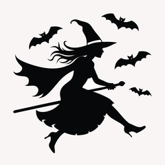 Silhouette of a witch flying on a broomstick surrounded by bats perfect for halloween decorations and spooky celebrations