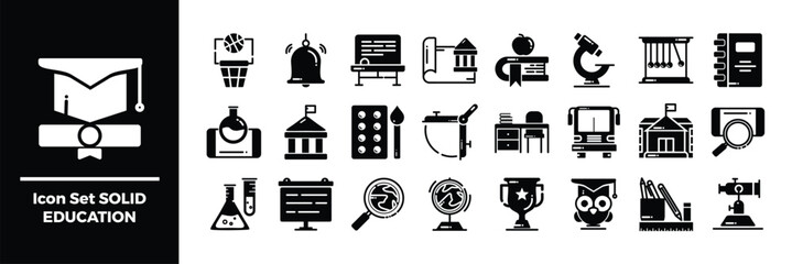 Set of Solid Flat Icons Illustrating Education and Learning Tools.