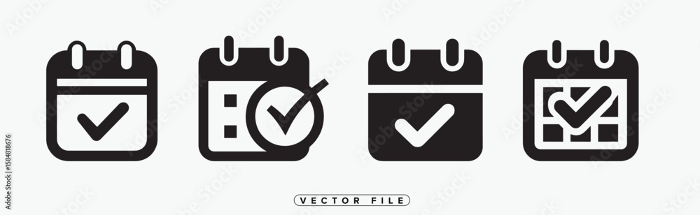 Poster black and white calendar icons with check marks for scheduling tasks